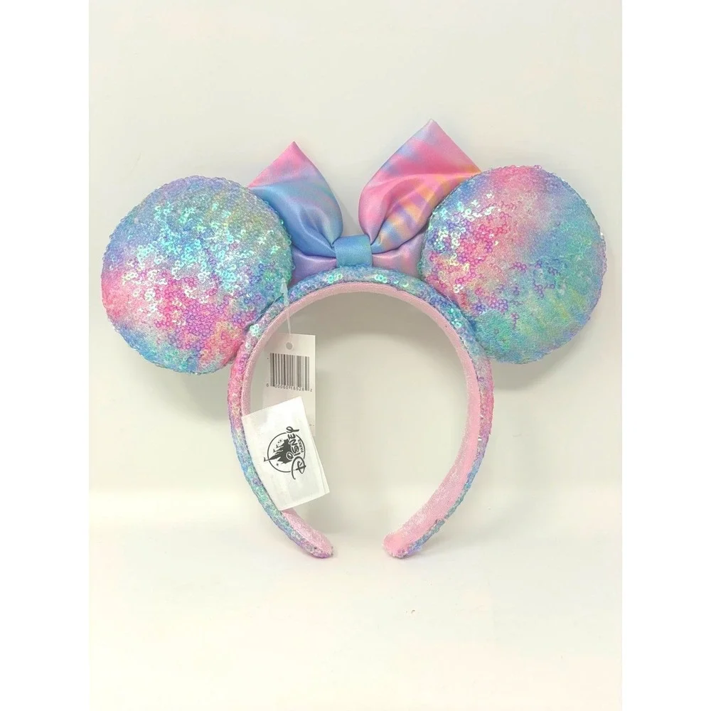 Disney Parks Minnie Mouse Ear Headband Pastel Tie-Dye Sequin Satin Bow NWT